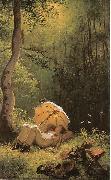 Carl Spitzweg Der Maler auf einer Waldlichtung, unter einem Schirm liegend oil on canvas